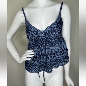 BCBGMAXAZRIA BLUE ABSTRACT PRINT BABY DOLL TOP SZ XS